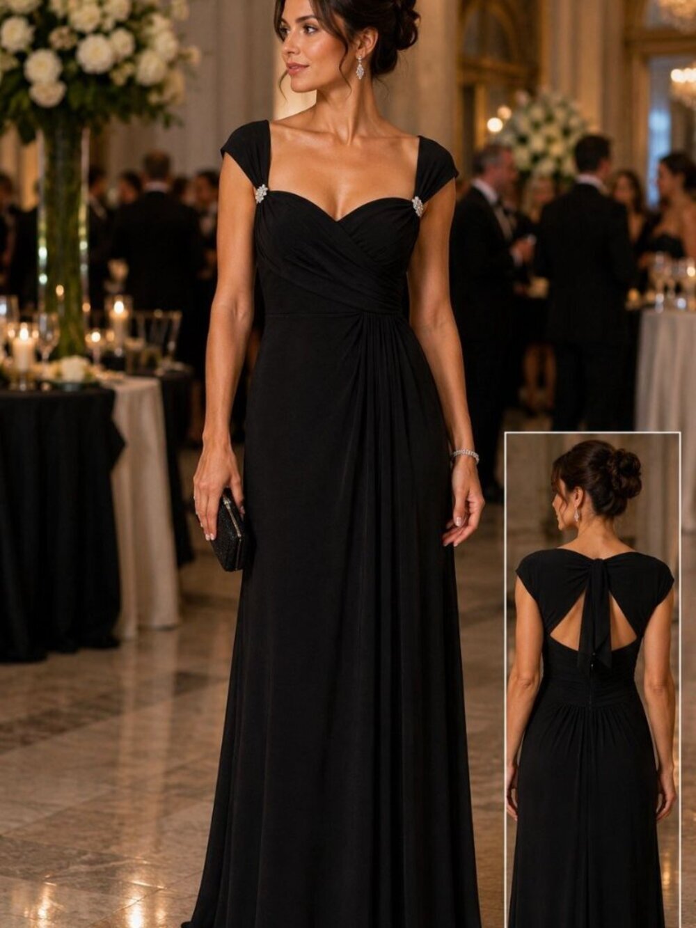 Betsy & Adam Long Black Cocktail Dress sz 8 Classic Elegant Maxi Evening Gown